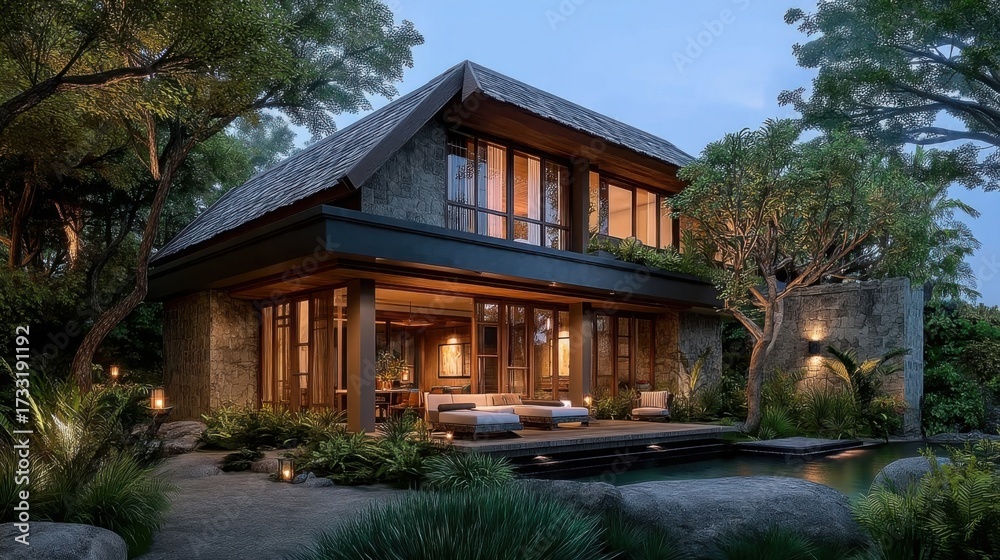 Fototapeta premium Luxurious wooden house nestled in greenery at dusk, outdoor seating by pool, stone path to patio,