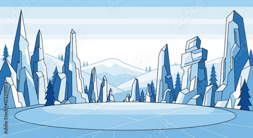 Frozen ice rink surrounded by towering ice formations and pine trees.