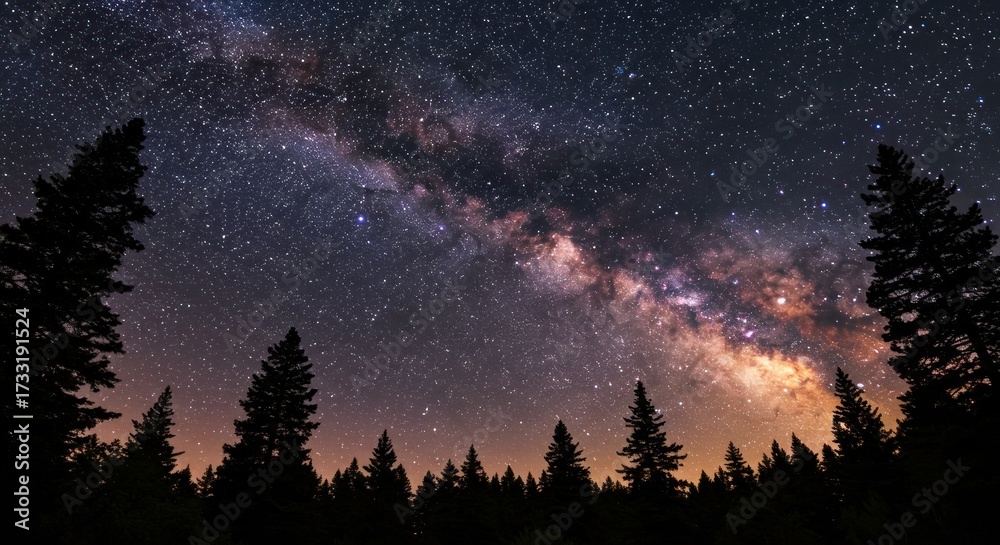 Fototapeta premium Milky way over trees night sky panorama