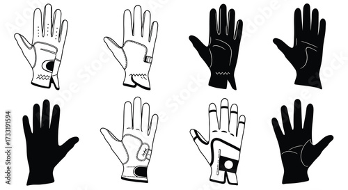 Collection of various golf gloves displayed in black and white illustrations
