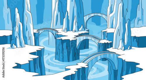 Frozen landscape with ice formations and bridges over water.