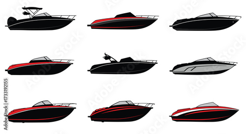 Variety of sleek motorboats shown in different views and color schemes