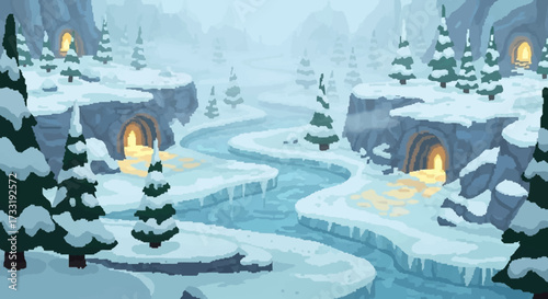Frozen river winding through a snowy winter landscape with caves.