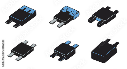 Assorted electronic fuses displayed in varying orientations and colors