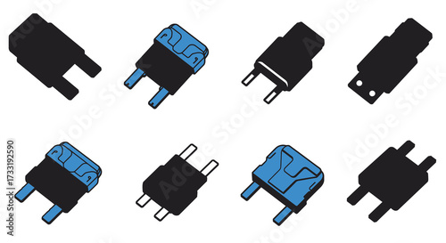 Assorted automotive fuses displayed in a variety of shapes and sizes