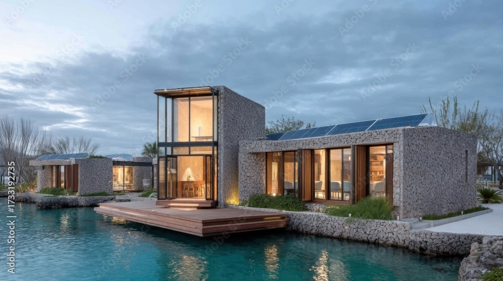 Obraz premium Modern floating houses on clear water with contemporary architecture, serene environment, peaceful scenery,