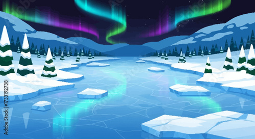 Frozen river with ice floes under a vibrant aurora borealis sky.
