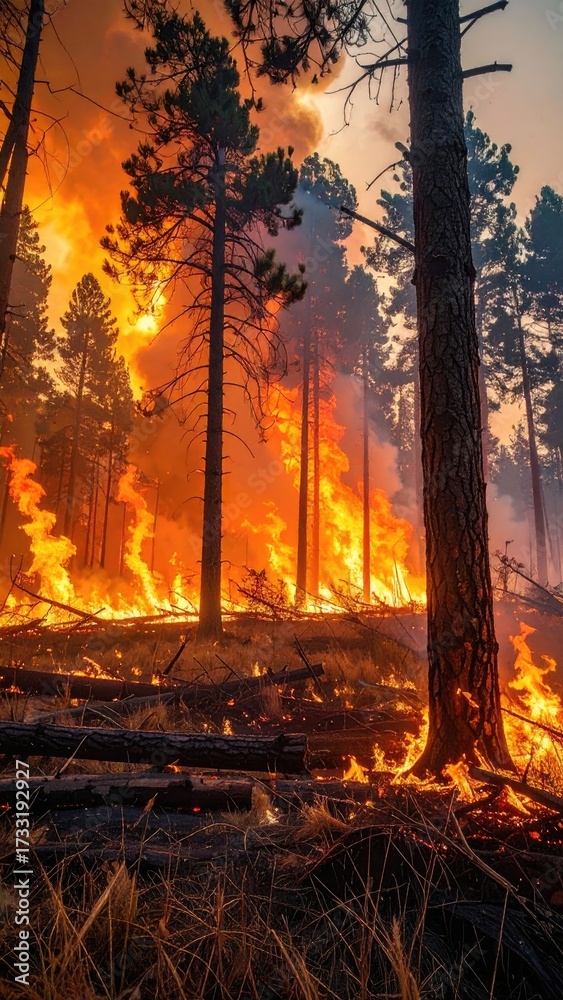 Obraz premium Forest Fire Devastation in Cinematic Warm Tone with Flames and Burning Trees against Smoky Sky at Dusk