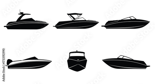 Simple black silhouettes showcase various styles of modern motorboats and yachts