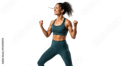 Woman celebrating fitness isolated on transparent background