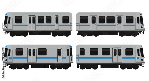 Four identical subway train cars are displayed on a white background