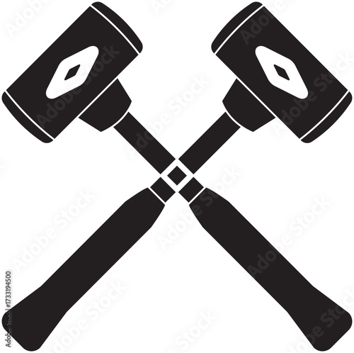 Black silhouette of crossed dead blow hammers, symbolizing carpentry, mechanics, and industrial tools. Ideal for construction icons, repair graphics, engineering symbols, and hardware illustrations.