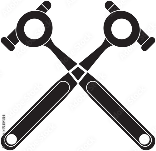 Silhouette of crossed toolmaker hammers, symbolizing precision metalwork, machining, and craftsmanship. Perfect for workshop icons, engineering graphics, repair tools, and manufacturing illustrations.