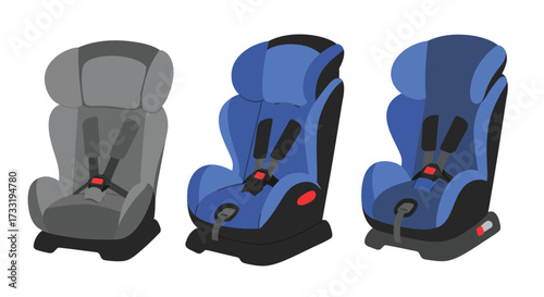 Illustration of three different colored child car seats for vehicle safety