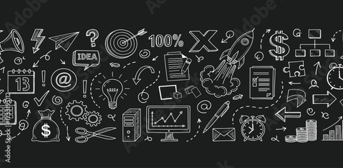 Collection of business and finance icons and symbols drawn on a dark chalkboard background, representing growth and success