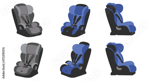 Isometric illustration of three different colored child car seats displayed