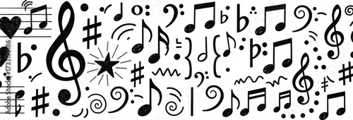 A charming collection of musical notes and symbols, hand-drawn in a whimsical, doodle-like style, perfect for creative projects and artistic expression
