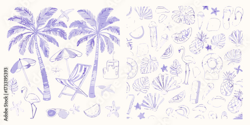 Whimsical hand drawn purple summer beach vacation elements collection palm trees beach chair flamingo sunglasses and tropical fruits
