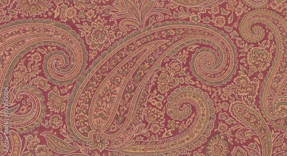 A close-up view of a red paisley fabric with intricate patterns and swirling designs.