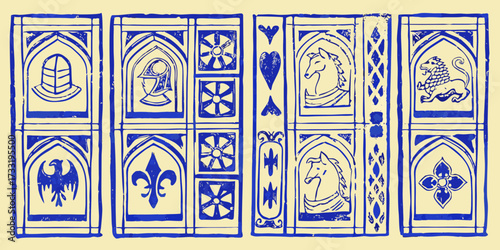 Medieval manuscript illumination style border with heraldic symbols and figures in blue ink on parchment background