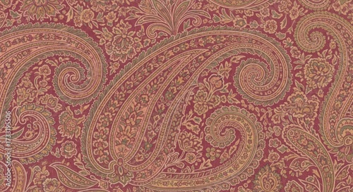A close-up view of a red paisley fabric with intricate patterns and swirling designs.