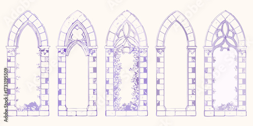 Collection of five decorative gothic arched windows with stone textures and floral accents in purple outline