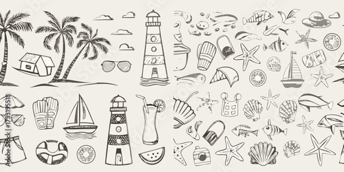 Whimsical hand drawn summer beach vacation elements pattern with palm trees and lighthouses