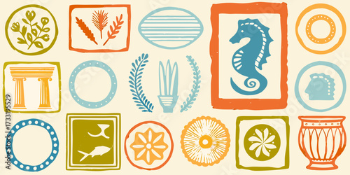 Collection of stylized graphic icons in a playful hand drawn block print style featuring marine life and botanical elements