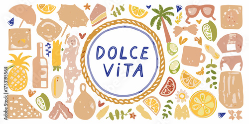 Dolce vita italian summer lifestyle elements collage featuring food drinks and beach accessories