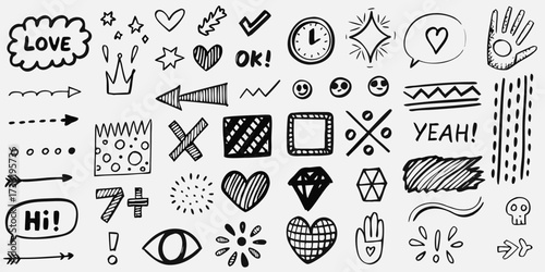 Hand drawn doodle icons and symbols for design and decoration on a white background