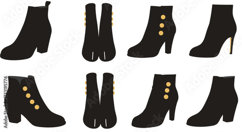 Variety of stylish black ankle boots with golden details displayed neatly