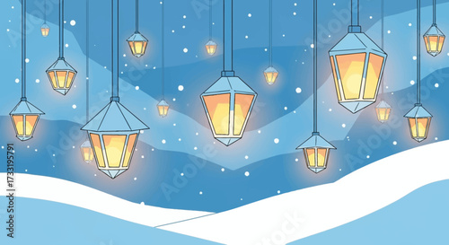 Hanging lanterns illuminating a snowy winter landscape at night.