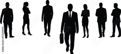 Silhouette of business people walking and standing in group, teamwork concept, corporate professionals, office lifestyle, leadership and success illustration