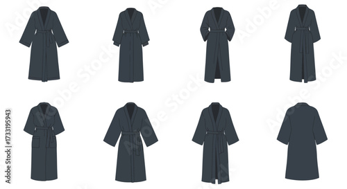 Eight dark blue robes displayed on hangers fashion studio presentation