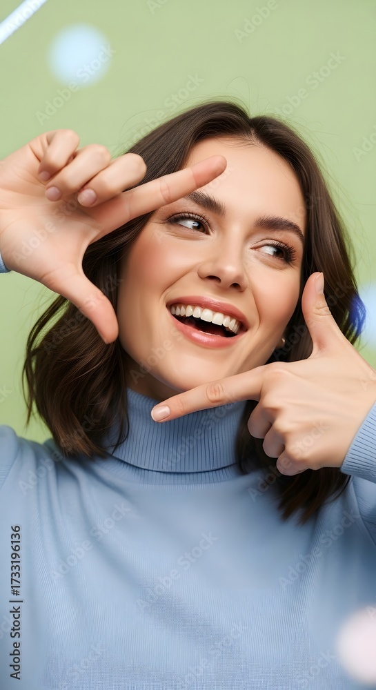 Fototapeta premium Woman framing face with hands against green background - portrait concept for self-expression and creativity