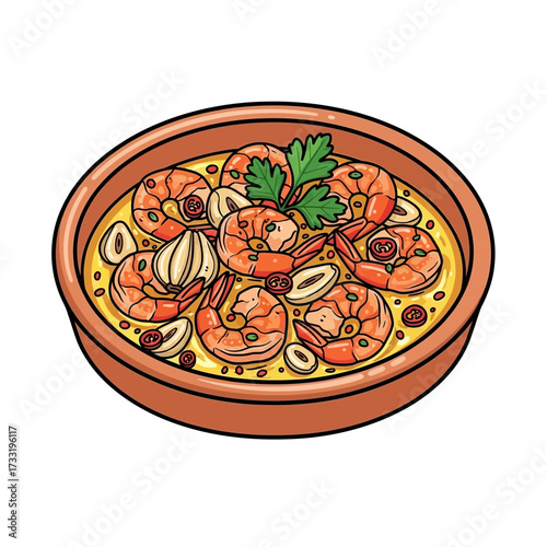 Charming Cartoon Gambas al Ajillo Dish, Hand-Drawn Bold Line Art Illustration, Spanish Garlic Shrimp Tapas Icon