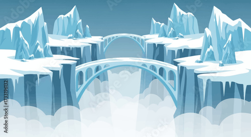 Ice bridges connecting frozen cliffs over a cloudy chasm.