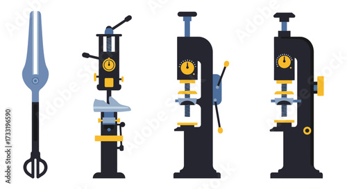 Illustration of vintage machinery a hammer drill and three presses