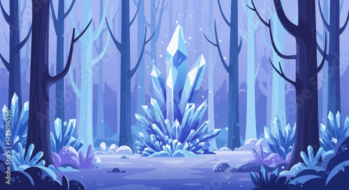 Large glowing blue crystal formation in a magical forest.