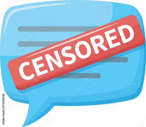 A blue speech bubble with horizontal lines, blocked by a red "CENSORED" stamp, representing restricted communication.