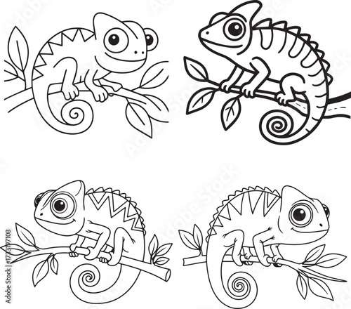 Chameleon Illustrations on Branches - Black and White Outlines