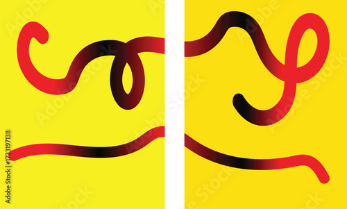 Abstract red wavy lines with gradient effect on a bright yellow background, creating a dynamic and modern visual composition, artistic representation