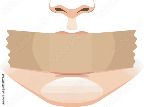 Illustration of a human face with mouth covered by adhesive tape, silence.