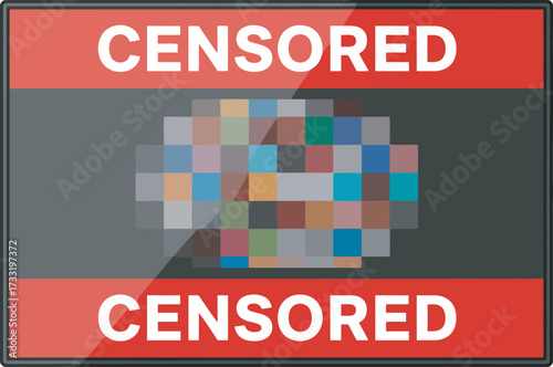 A graphic image of a censored subject, represented by a pixelated blur, framed by red bars with the word "CENSORED".