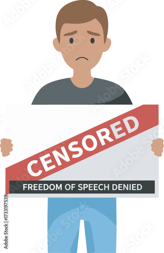 A sad person holding a sign declaring censorship and denied freedom of speech.