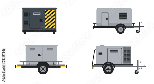 Illustrative depiction of portable generators on trailers in various views