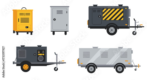 Illustration of various portable power generators and electrical equipment setups
