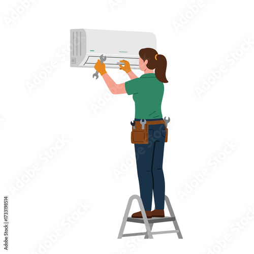 Woman technician on a step stool repairing a wall-mounted air conditioner unit with wrenches.