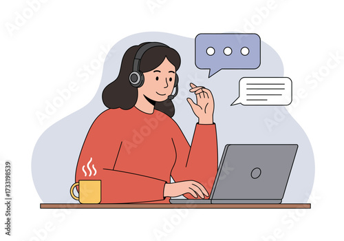 A smiling woman wearing a headset works on a laptop, engaged in online communication or customer support, with speech bubbles indicating conversation.