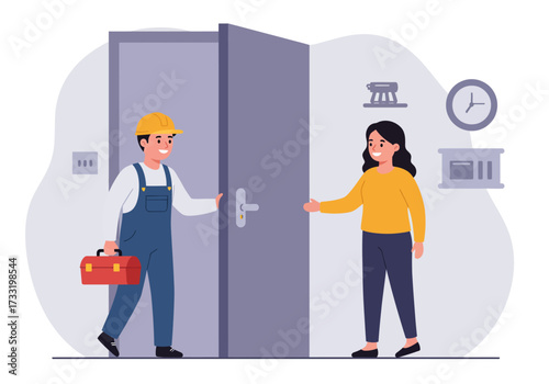 A male technician in a hard hat and overalls carrying a toolbox is welcomed by a woman at an open doorway, indicating a home service or repair visit.
